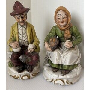 Vtg F W Woolworth Old Man & Woman Figurines Set Bisque Porcelain Granny Core